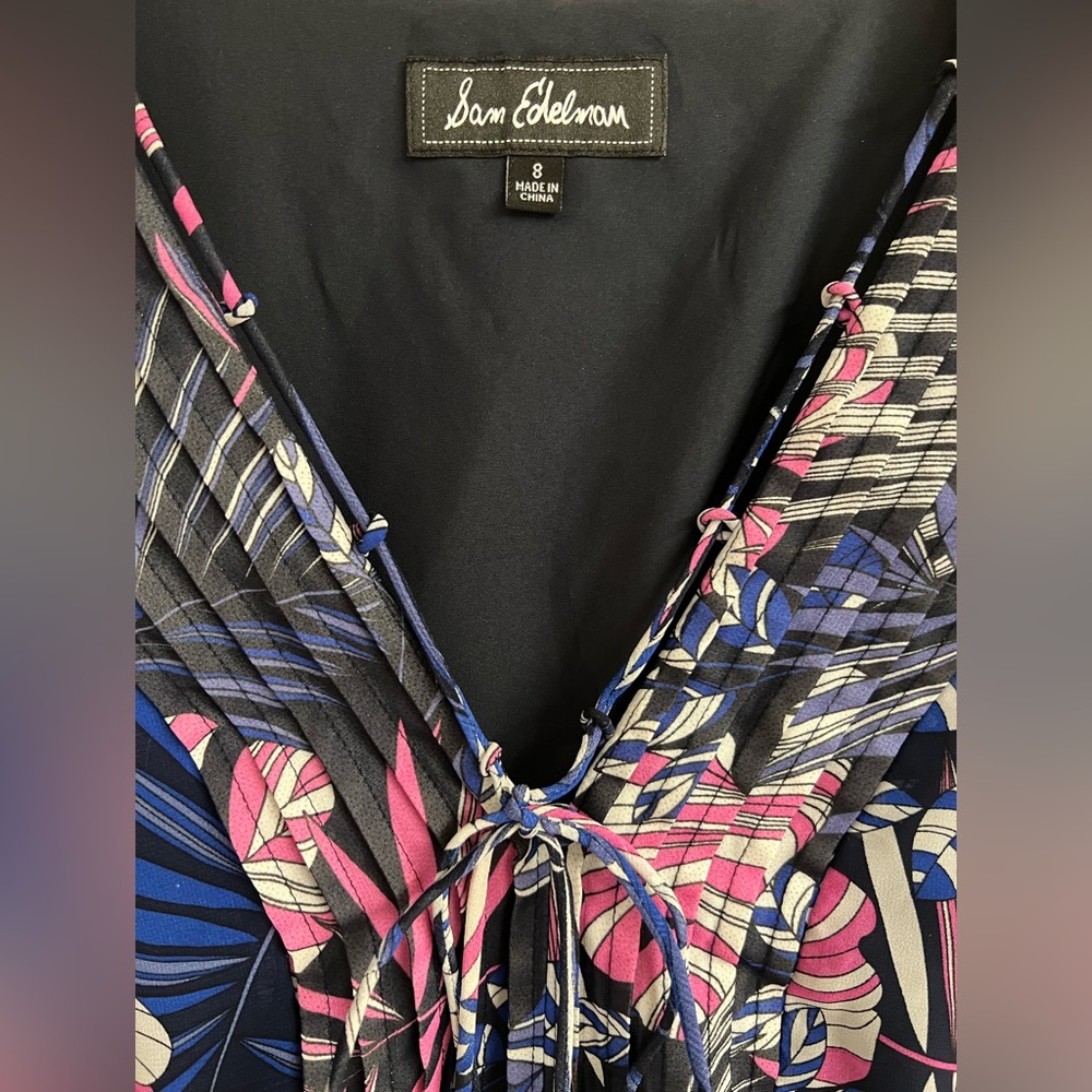 SAM EDELMAN Size 8 Tropical Flowy Lined Mini Dress Resort Wear Long Sheer Sleeve - Picture 4 of 13